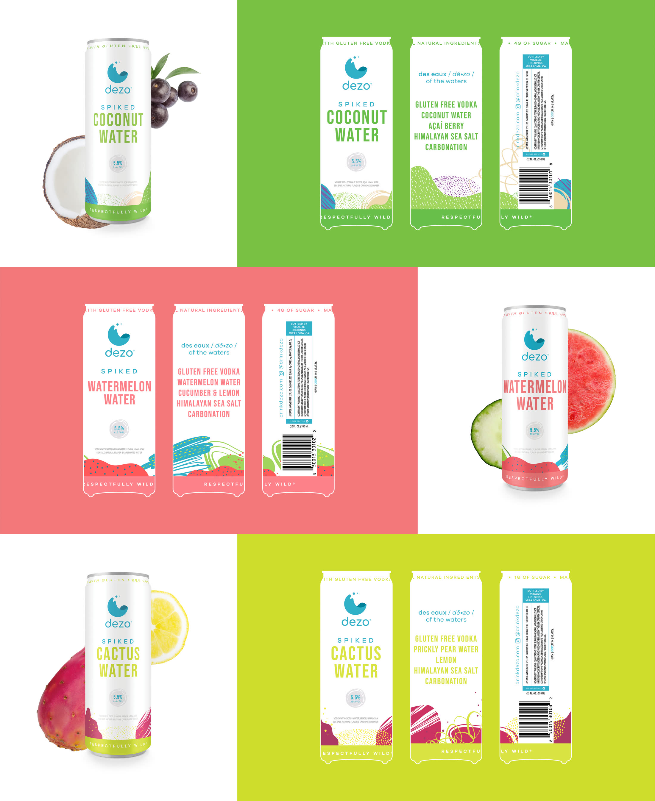 Dezo can packaging labels across all three flavors, unwrapped