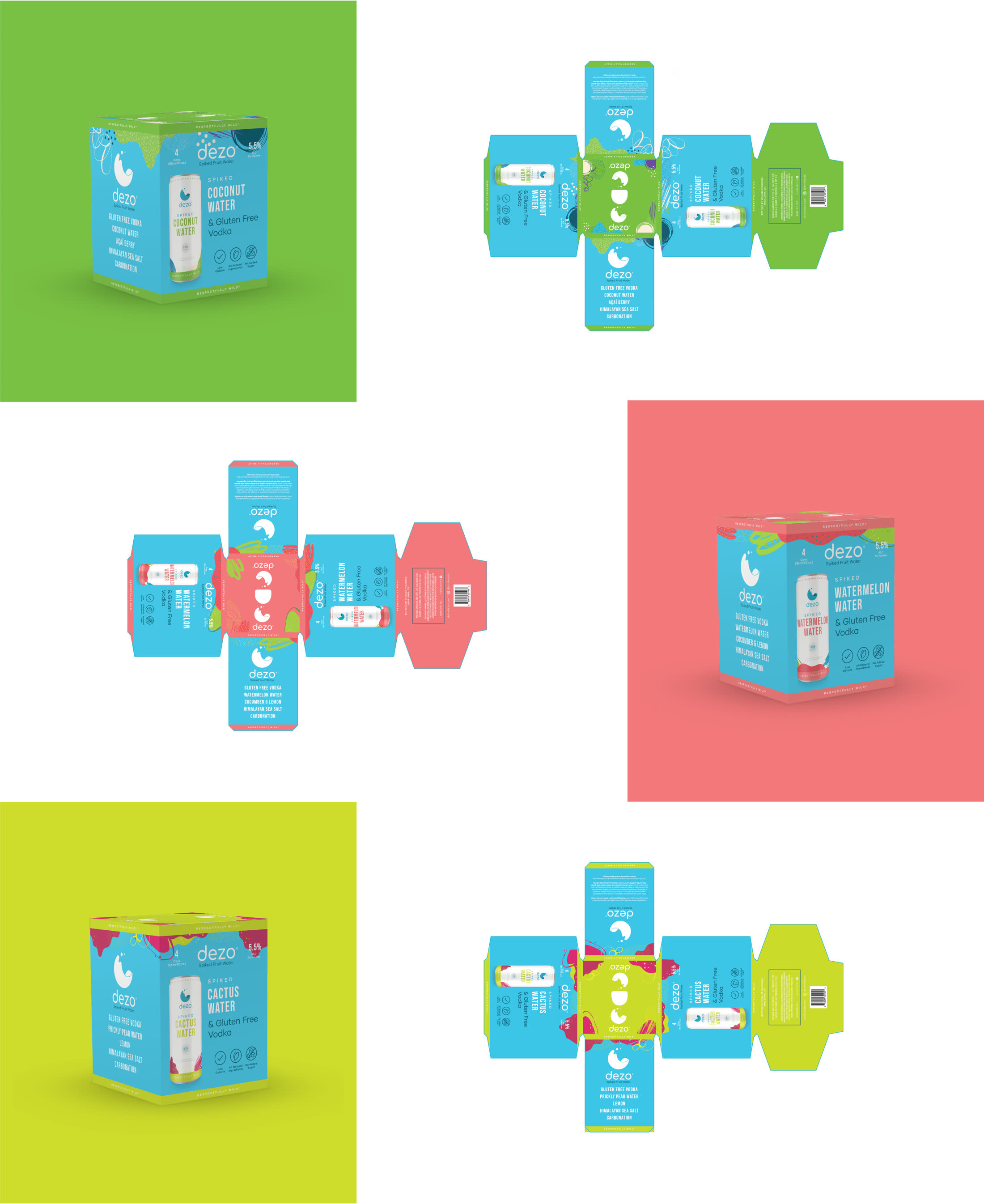 Dezo four-pack box renders and dielines across all three flavors