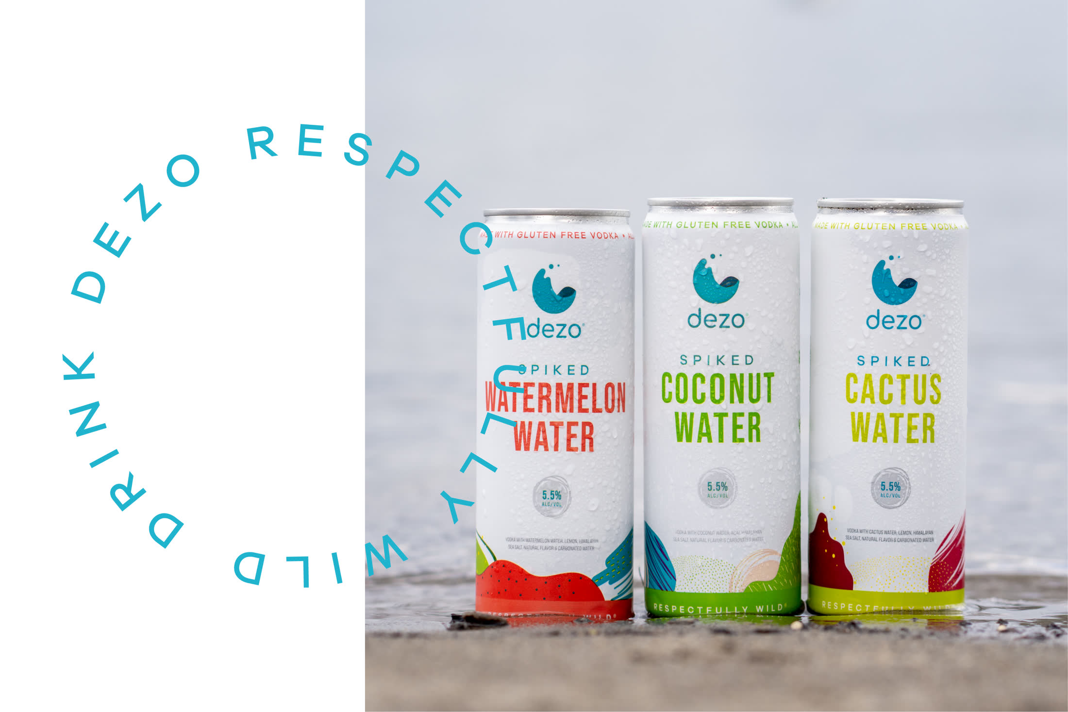 Three Dezo cans on wet sand at the beach, beside the full Dezo Respectfully Wild mark