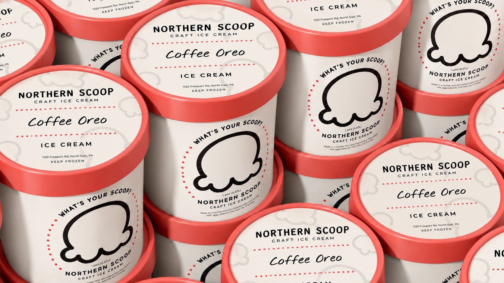 An overhead grid of Northern Scoop pint lids, one tilted off-axis