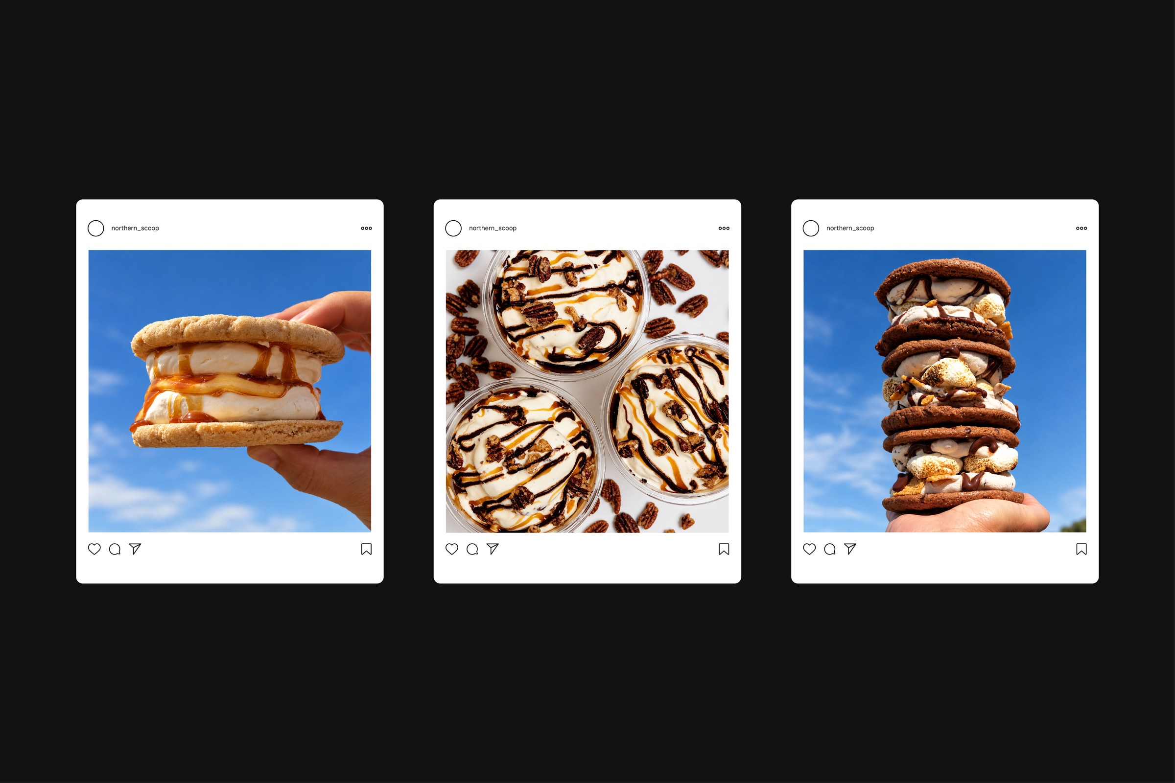 A set of three Instagram post mockups featuring Northern Scoop ice cream sandwiches