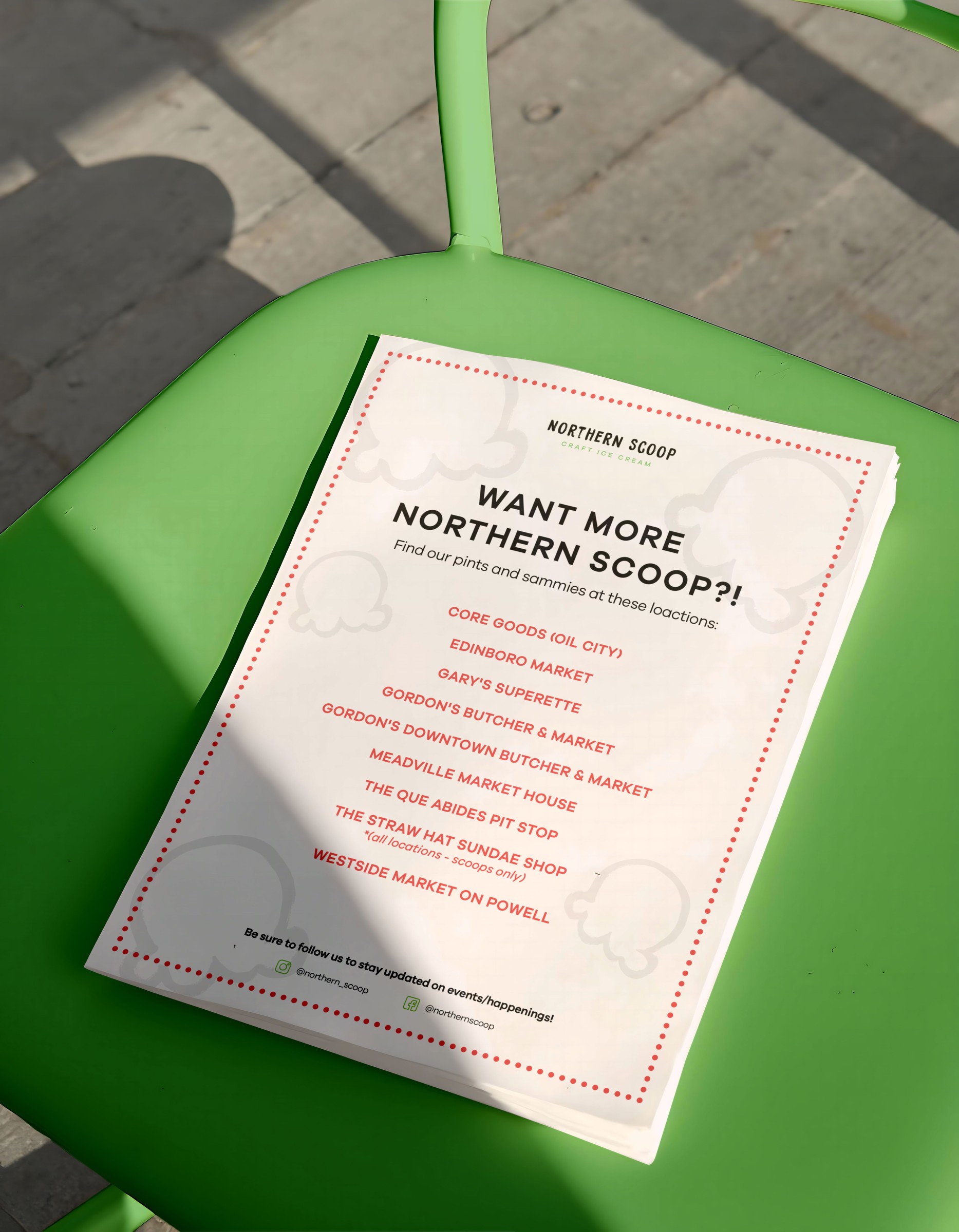 A Northern Scoop flyer resting on a green chair