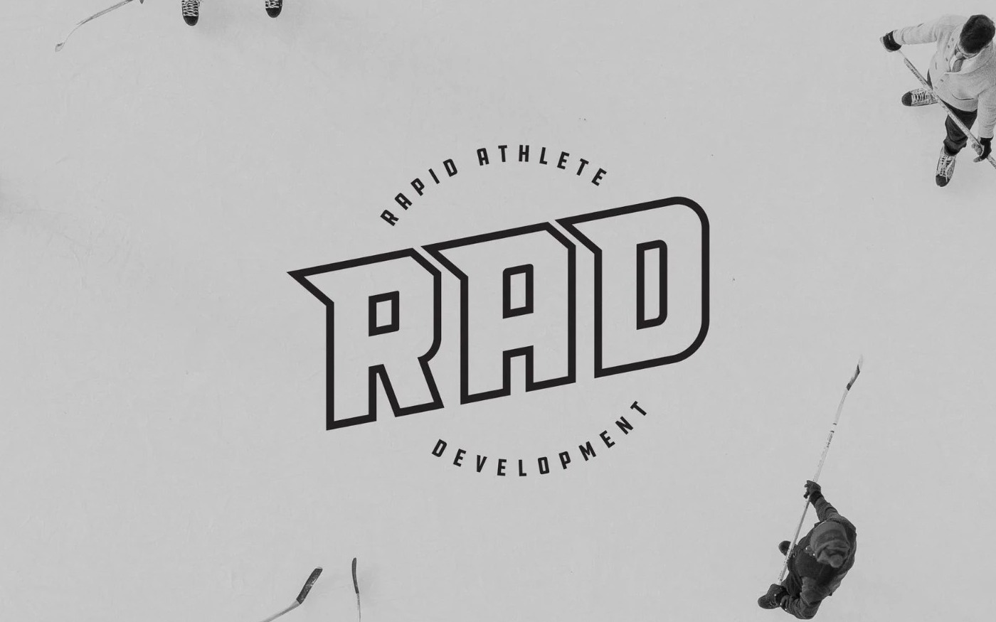 The RAD Hockey badge mark centered on an overhead shot of players on the ice